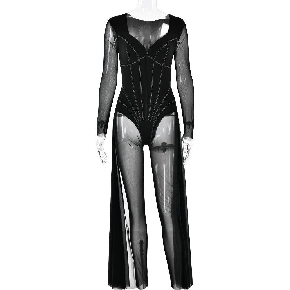 Summer Sexy Tight Jumpsuit Long Sleeve Mesh See Through V Neck Jumpsuit Black