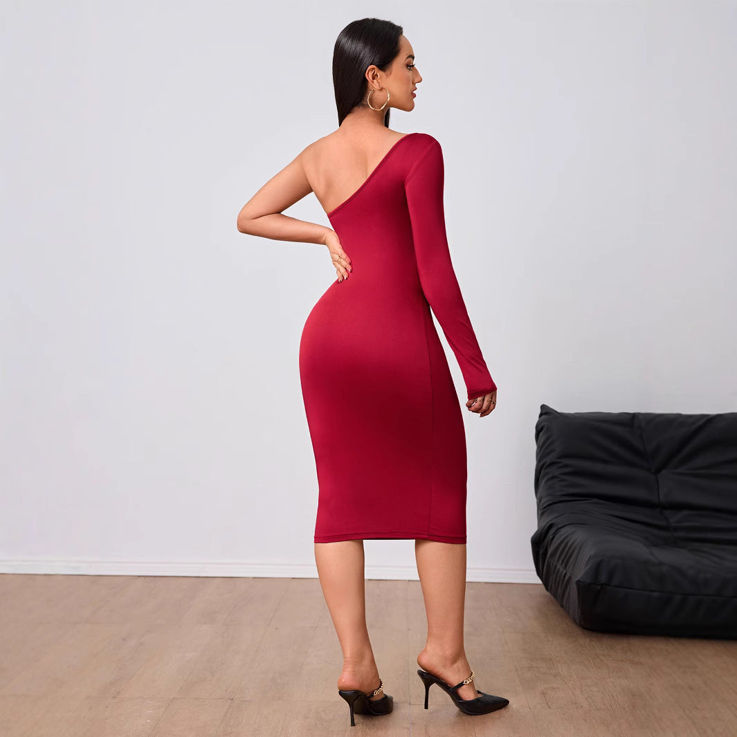 Women Clothing Wine Red Socialite Dress Autumn Winter Single Side Sleeve Midi Dress