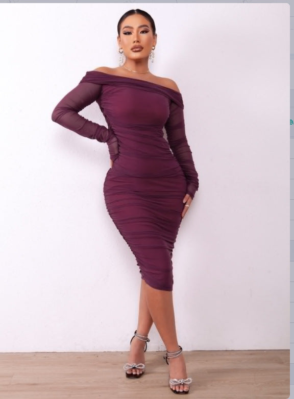 Women Solid Color Sexy Slim Party Long Sleeve off Shoulder Pleated Early Spring Dress Burgundy