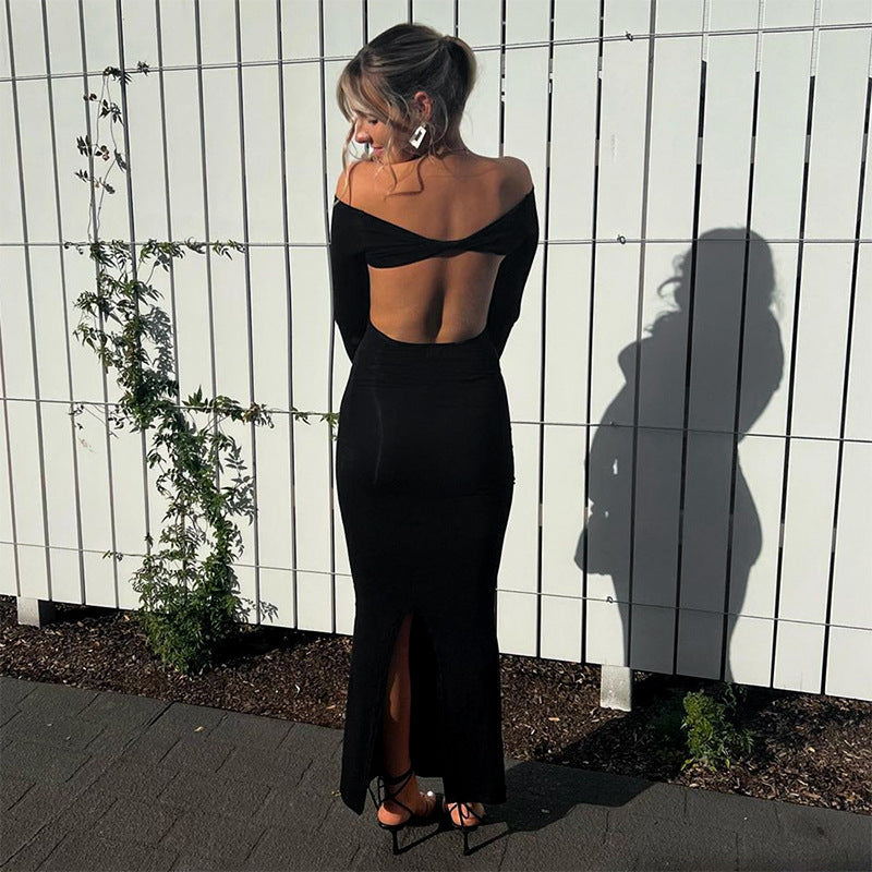 Women Clothing Autumn Winter off Shoulder Sleeveless Backless Long Sleeves Sexy Dress