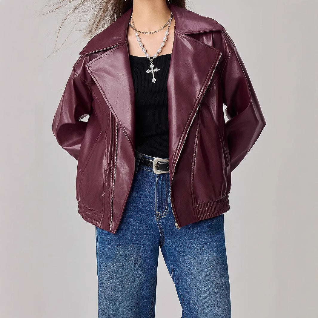 Women Clothing Loose Fitting Long Sleeves Leather Jacket Coat