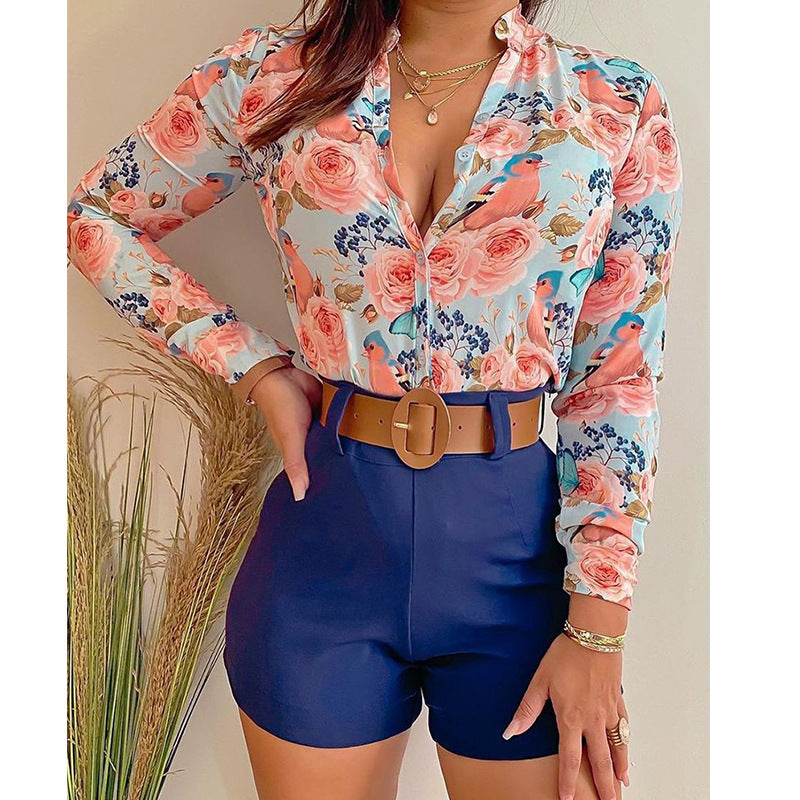 Women's Clothing Two Piece Sets Arrival Young Digital Printing Stand Collar Long Sleeve Shirt Women Tops Baby Pink [Suit]]