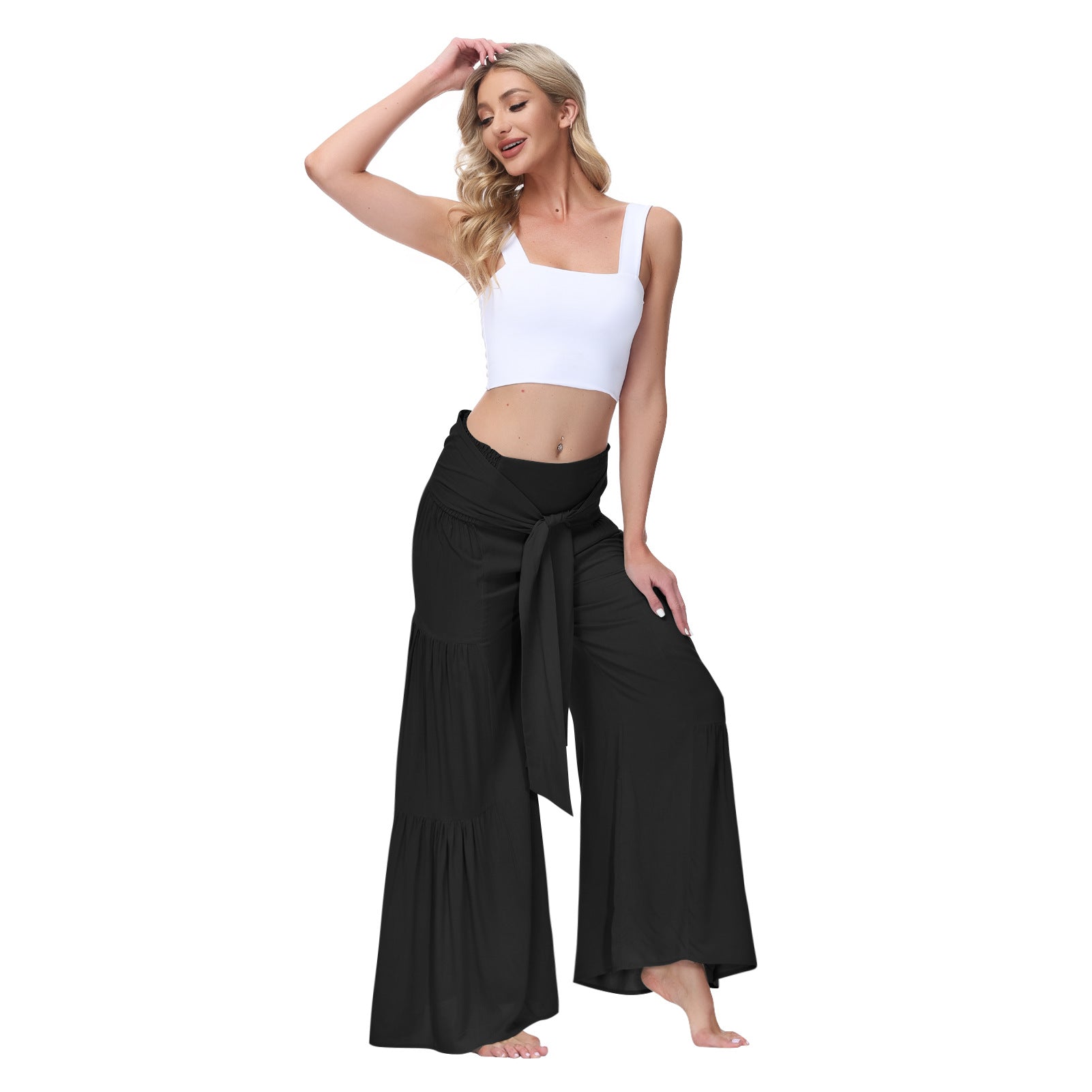 Women Clothing Bandage Elastic Waist Pleated Wide Leg Pants Casual Loose Trousers Black