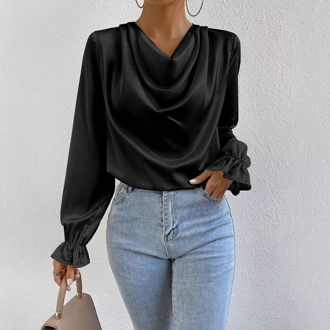 Women Clothing Ruffled Sleeve Satin Shirt Autumn Arrival Long Sleeve Satin Shirt