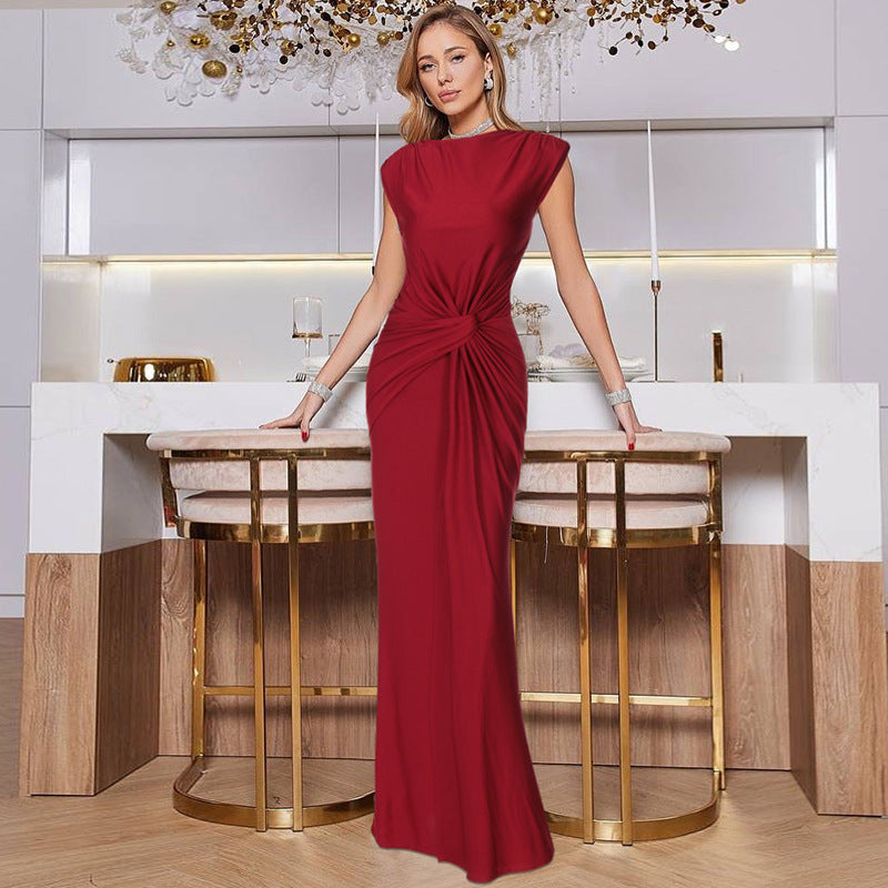 Women Clothing Winter Slim Pleated Solid Color Sleeveless Dress Women