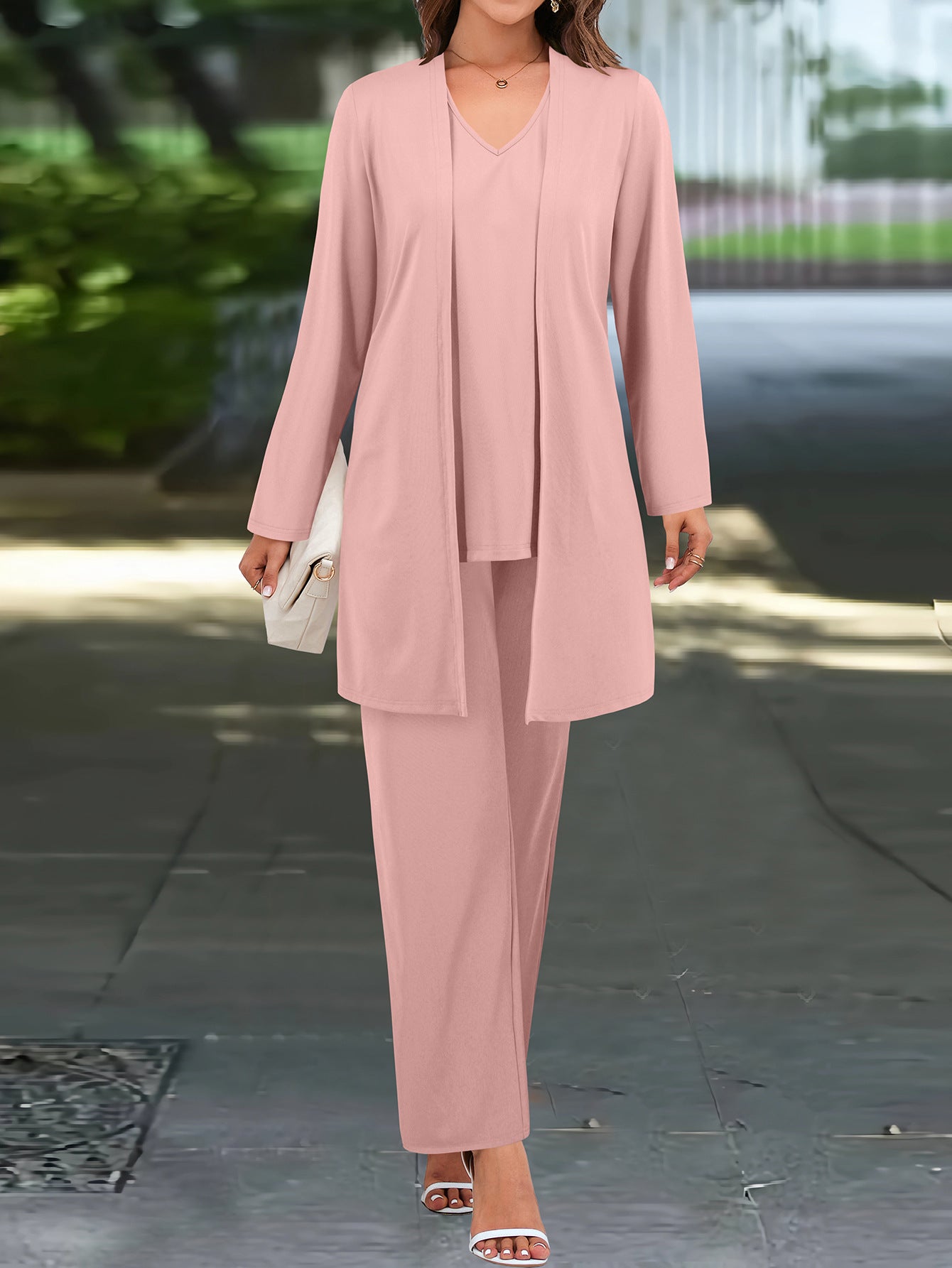 Women Long Sleeve Cardigan V Neck Vest Top Casual Straight Trousers Three Piece Suit Pink