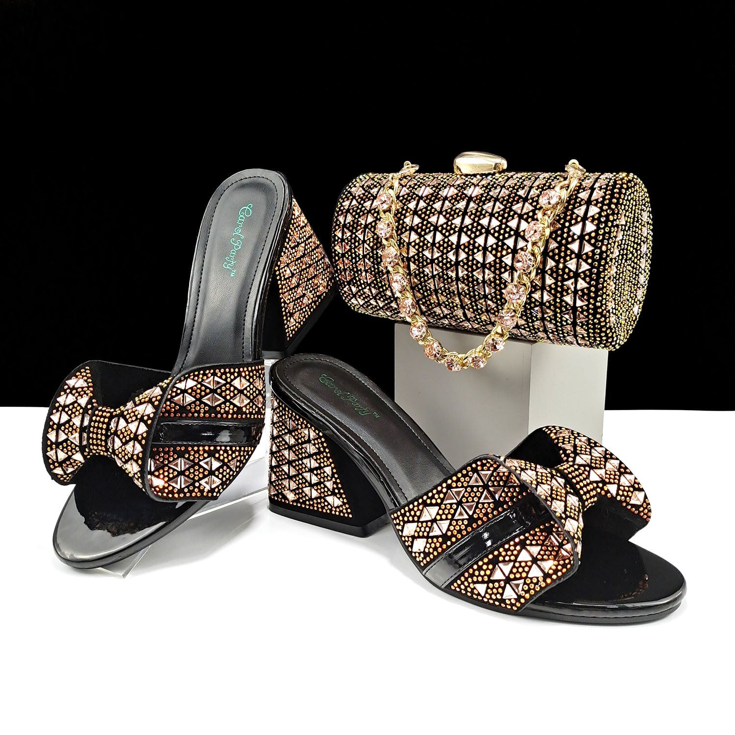 Women Shoes Bags Two Piece Sets Summer Mouth High Heel Slippers Color Matching Rhinestone Embellished Cylindrical Bag Casual Yellow