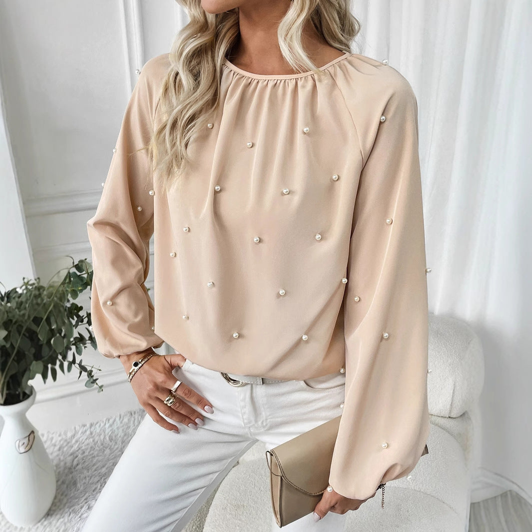 Women Clothing Best Seller Spring Autumn round Neck Beaded Lantern Sleeve Shirt