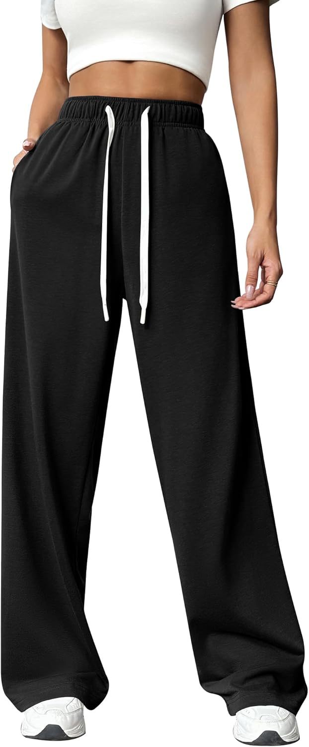 Women Autumn Winter Wide Leg Track Pants High Waist Loose Casual Drawstring Fitness Pant Belt Pocket Black