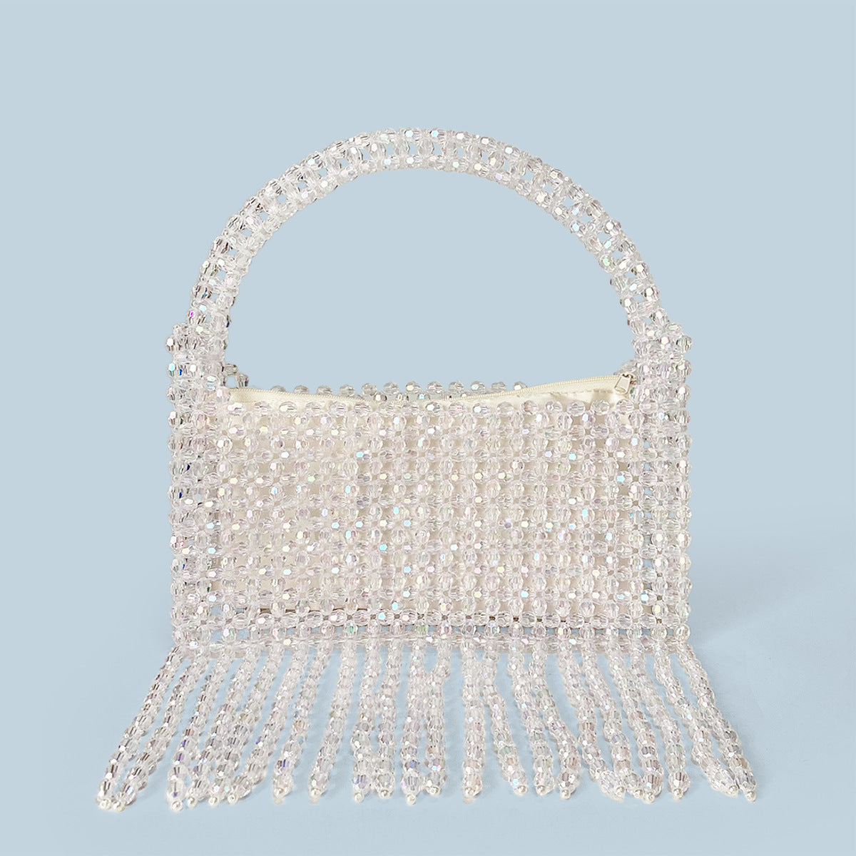 Vacation Tassel Bag Heavy Hand Woven Beaded Bag Fashionable One Shoulder Handbag Women All Match Shiny Feeling One Size White