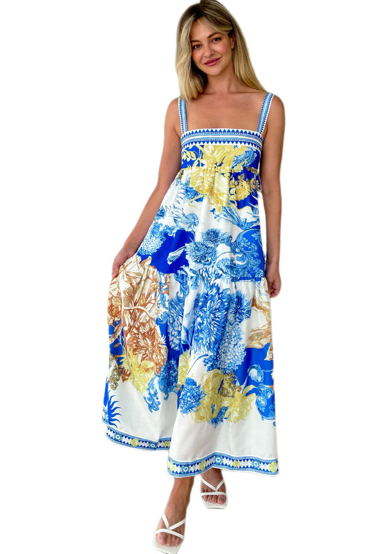 Summer Vacation Long Positioning Printing Slip Dress Blue