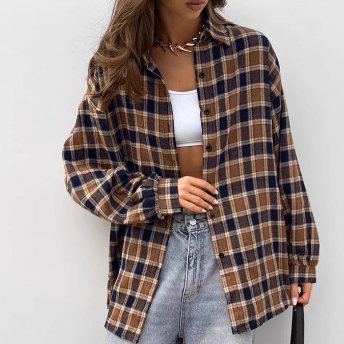 Spring Summer Brown Plaid Collared Loose Shirt Casual Cardigan Women