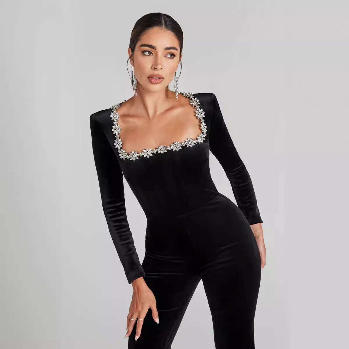 Arrival Sexy with Diamond Hollow Out Cutout High Waist Slim Solid Color Jumpsuit