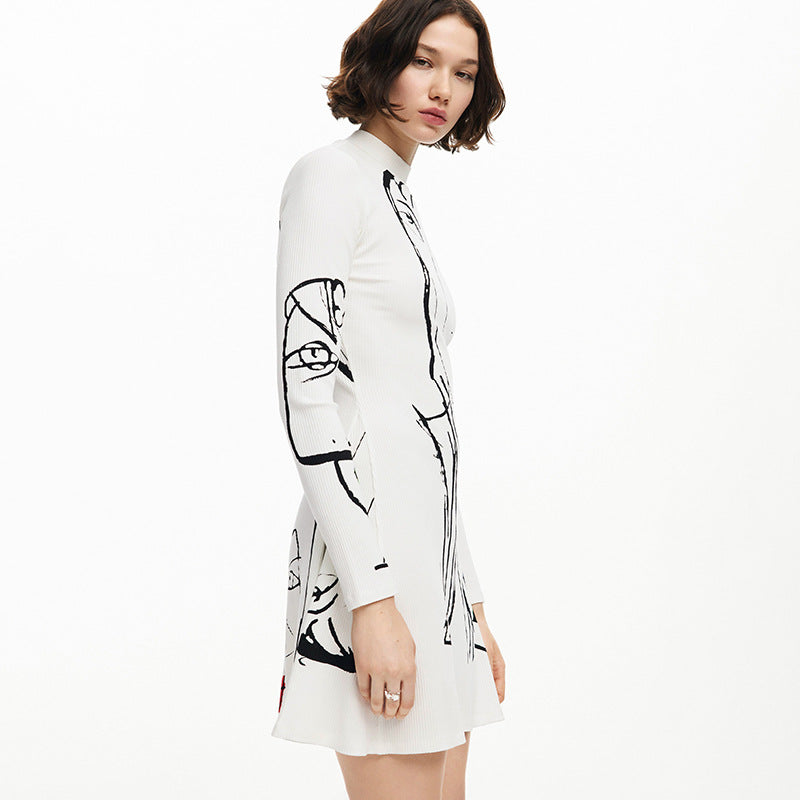 Women Clothing Positioning Portrait Line Printing Casual Long Sleeve Dress