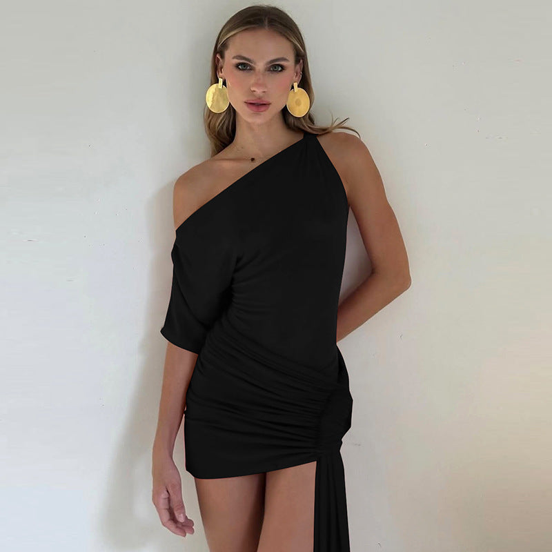 Women Clothing Spring Solid Color Sexy Oblique Shoulder Single Sleeve Asymmetric Ribbon Skinny Hip Dress Black