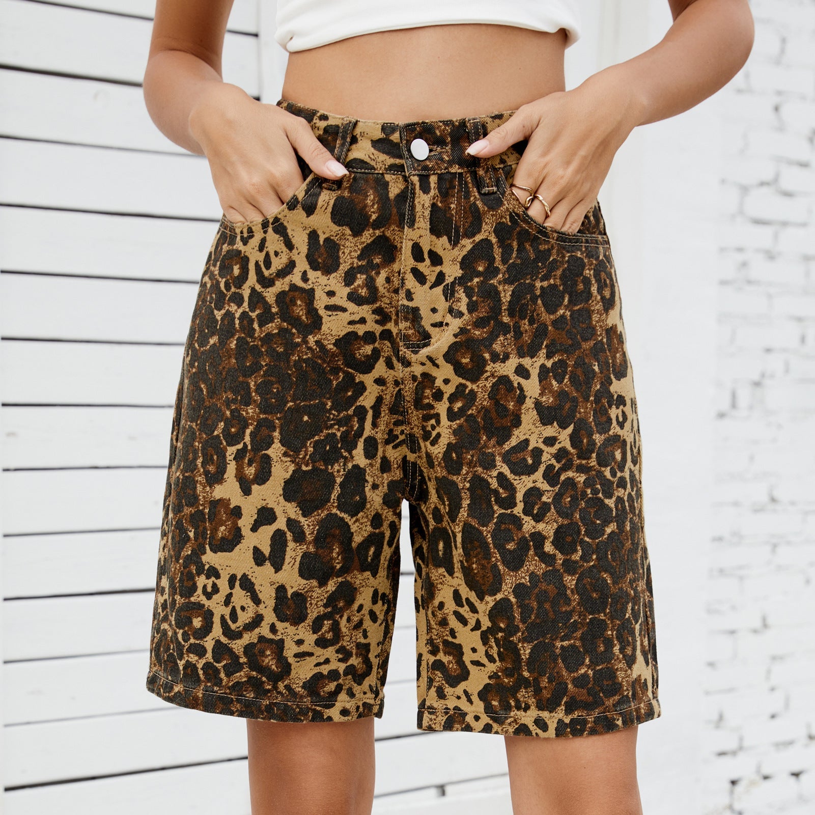 Summer Washed Casual Retro Leopard Print Slim Fit Denim Shorts