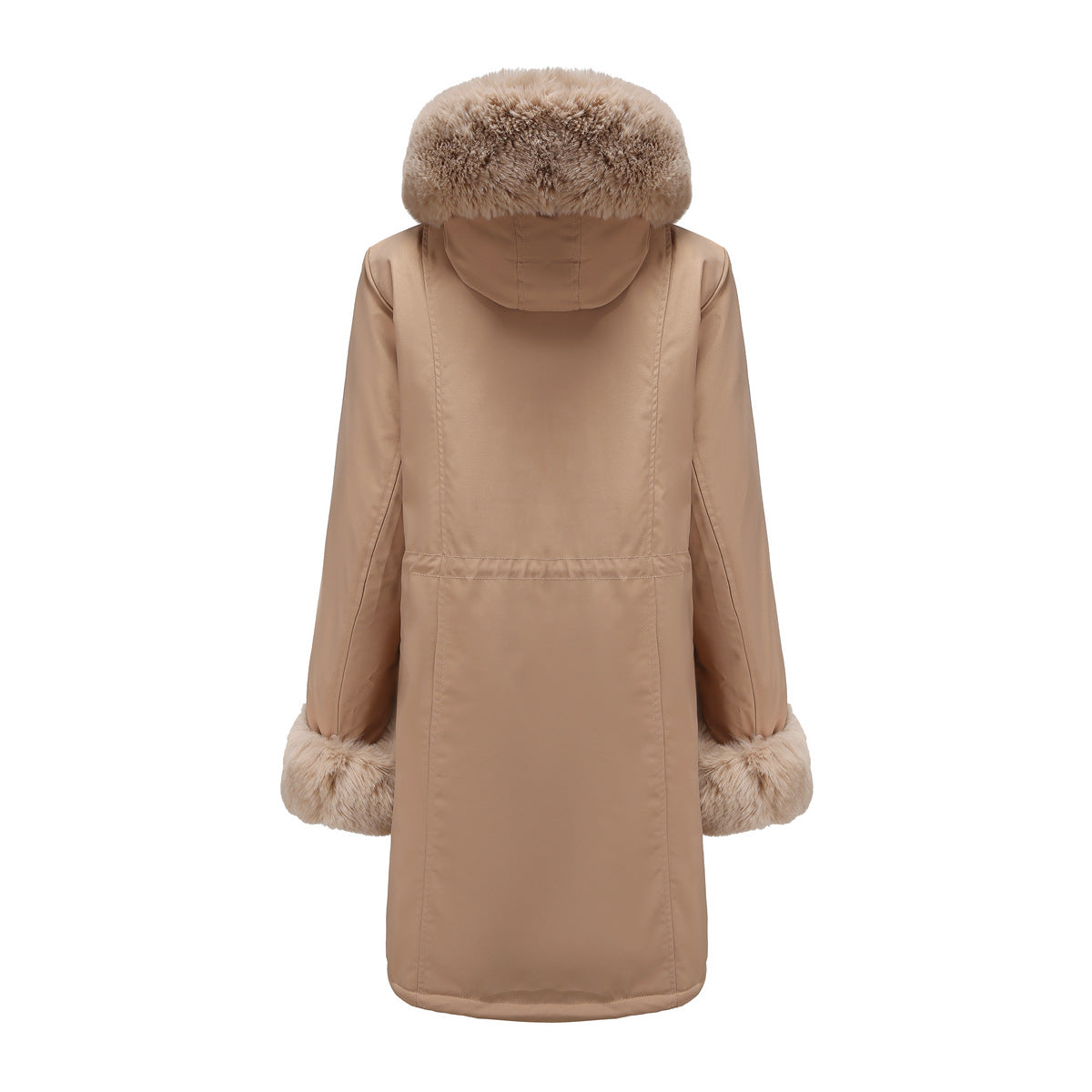 Winter Cotton Coat Women Detachable Fur Collar Mid Length Long Sleeve Parka Solid Color Hooded Warm Cotton Padded Jacket