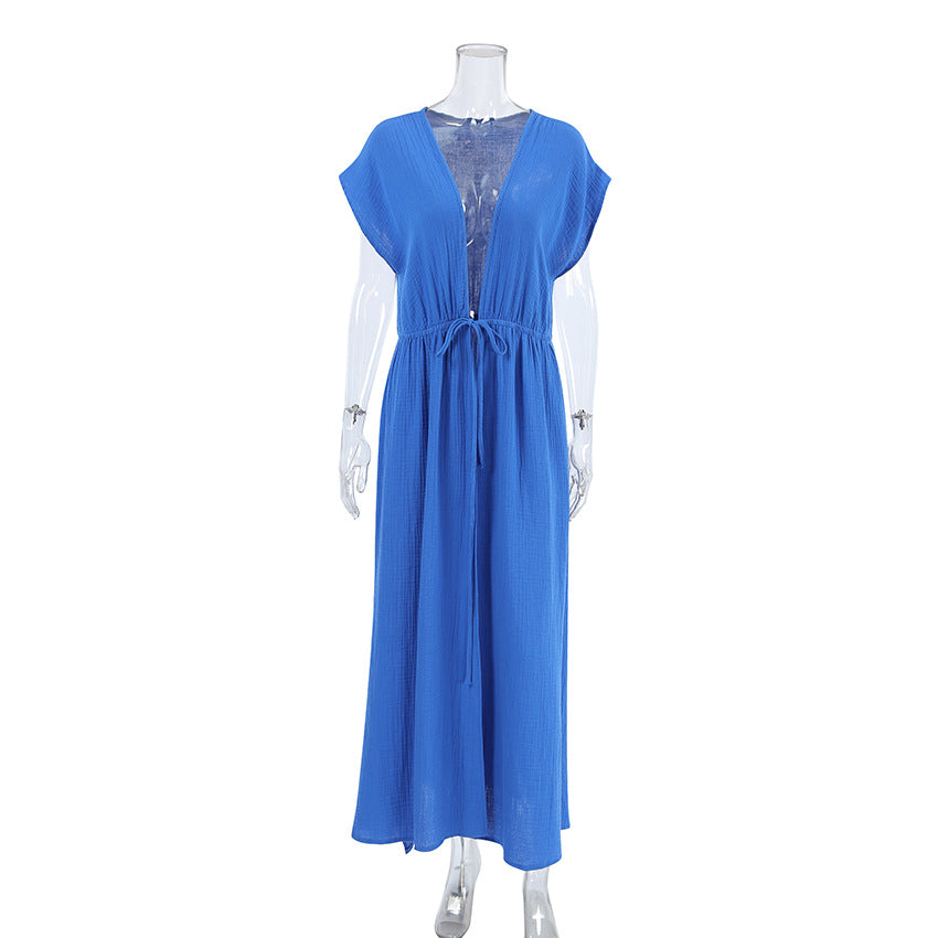 Spring Soft Breathable Bubble Crepe Cotton Pajamas Nightdress Exclusive for Ladies Homewear Blue