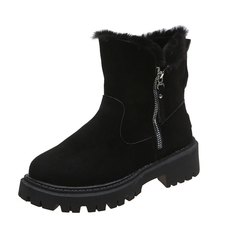 Winter Fleece Lined Short Fur Mouth Snow Boots Women Warm Side Zipper Suede Cotton Boots Black