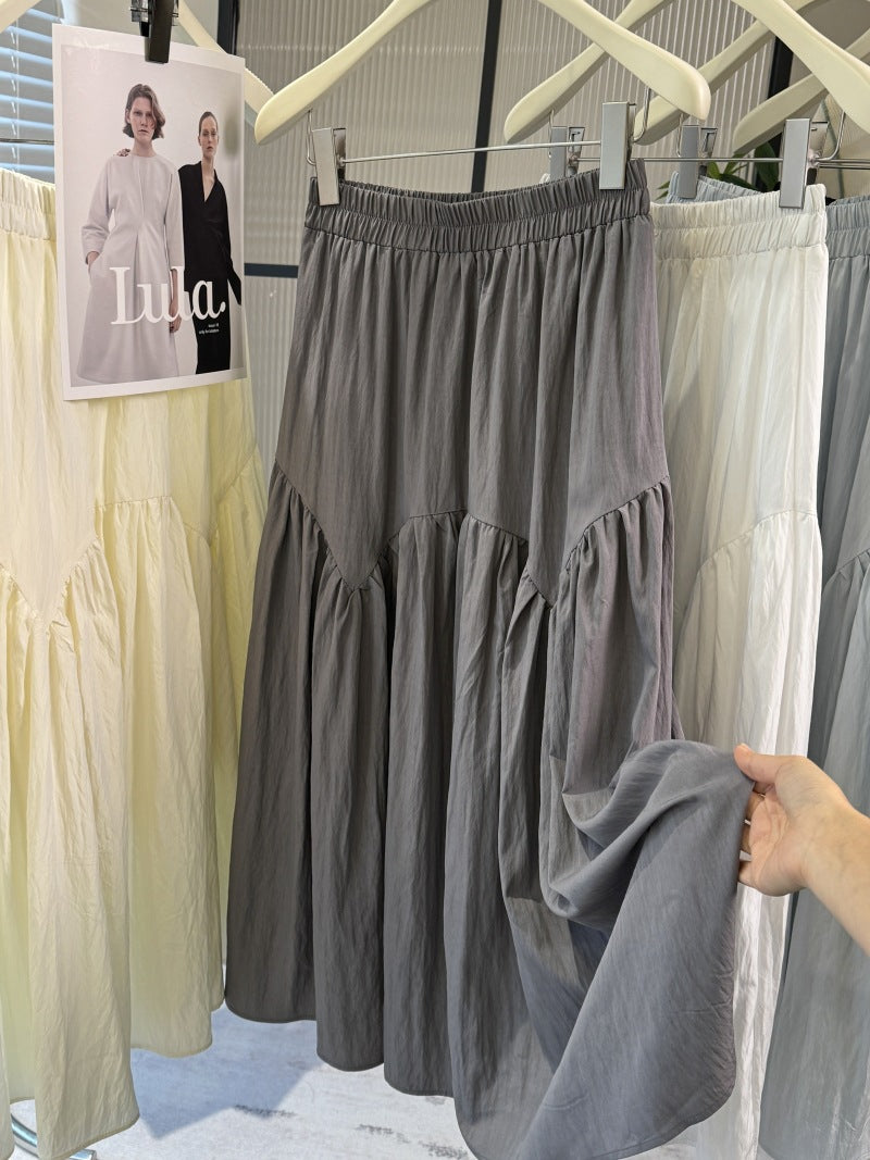 Spring Summer Women Clothing Art Casual High Waist Ruched Maxi Solid Color Slimming Skirt One Size Gray