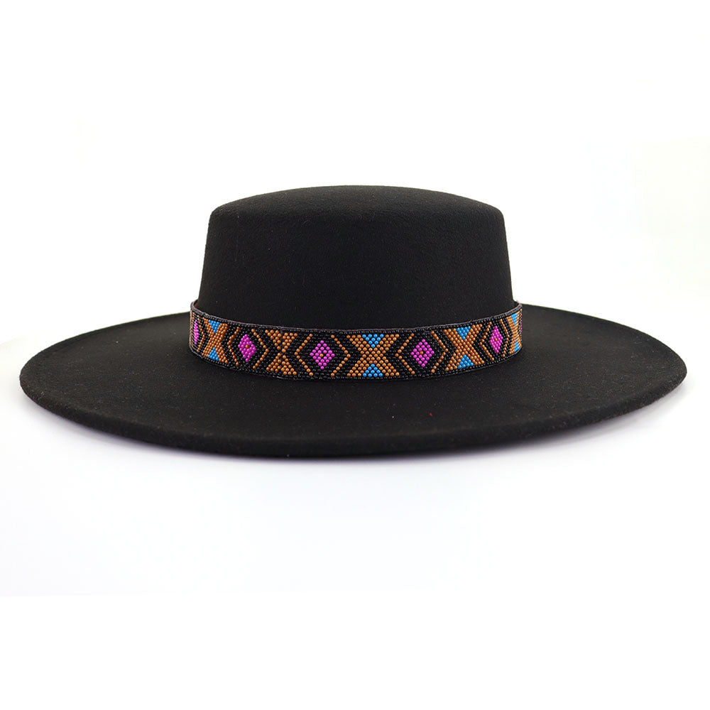 [Minimum order quantity is 2 pieces]Woolen Flat Top Hat Large Brim Hat Bohemian Holiday Broad Brimmed Hat M（56-58cm） Black Purple Beads