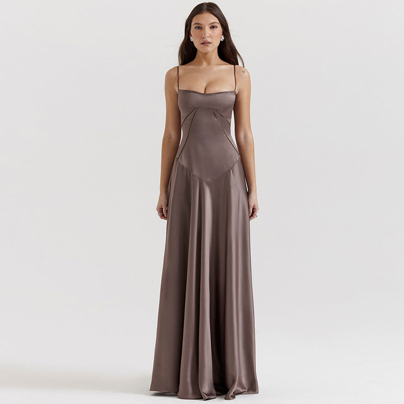 Women Wear Sexy Sling Dress Slim Fit Backless Maxi Dress Women Evening Dress Brown Solid Color