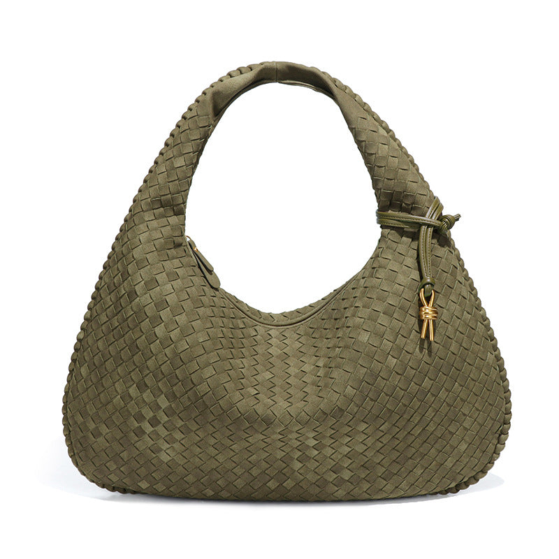 Woven Bag Dumplings Bag Hand Carry Office Underarm Bag Autumn Winter Retro Suede Surface Soft Leather One Size Olive Green