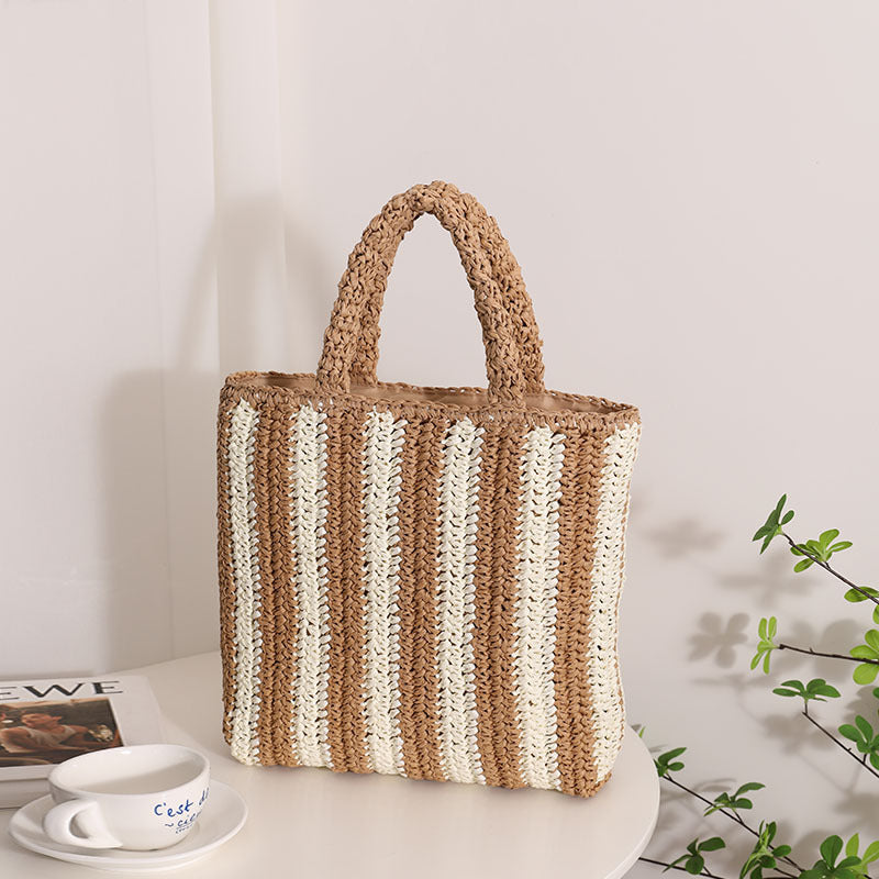 Vertical Stripes French Straw Bag Portable Contrast Color Straw Bag Woven Bag Women's Bag Seaside Vacation Beach Bag One Size Two-Color Vertical Bar Coffee Big