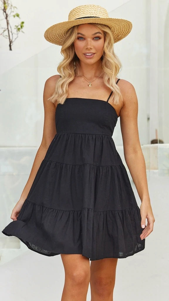 Sundress Sundress Spring Summer Solid Color Fresh Sweet Spaghetti Strap Short Dress Black