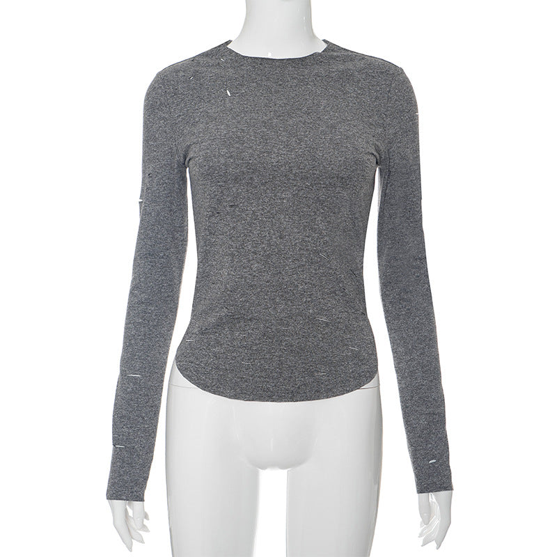 Women Clothing Autumn Winter Long Sleeve round Neck Ripped Sexy Top Gray