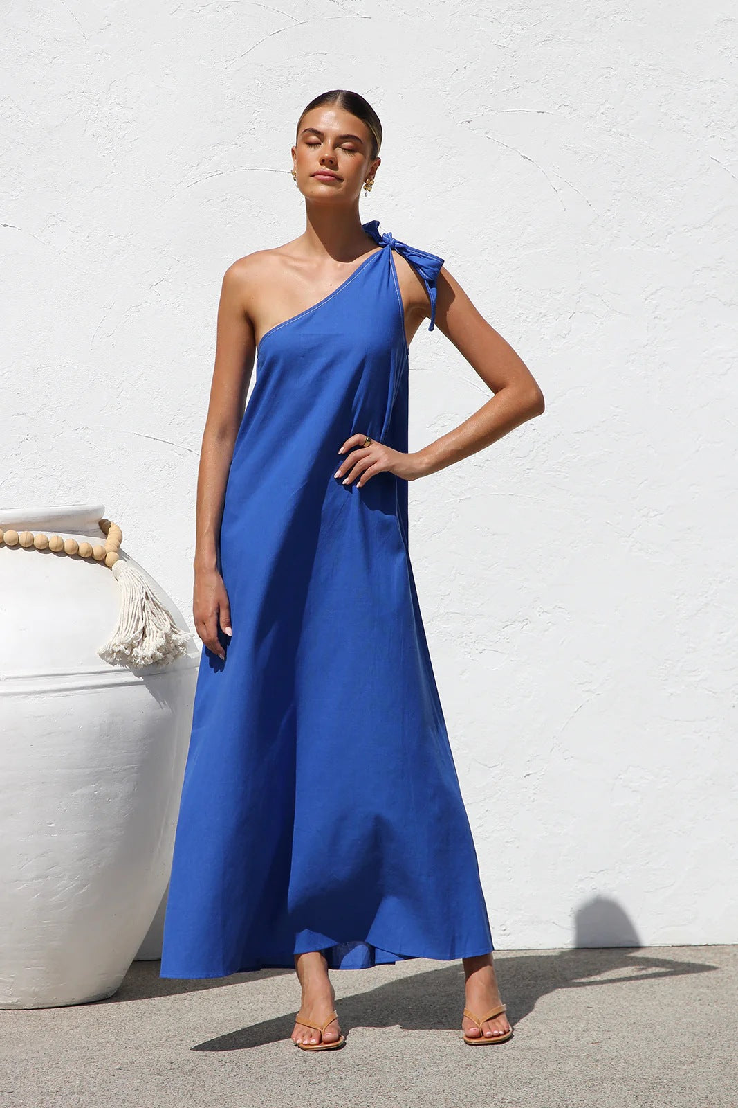 Summer Shoulder Casual Lace up Solid Color a Swing Maxi Dress Blue