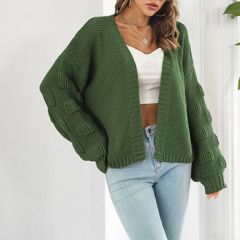 Women Clothing Knitted Cardigan Autumn Winter Casual Retro Wild Lantern Sleeve Sweater Women Army Green