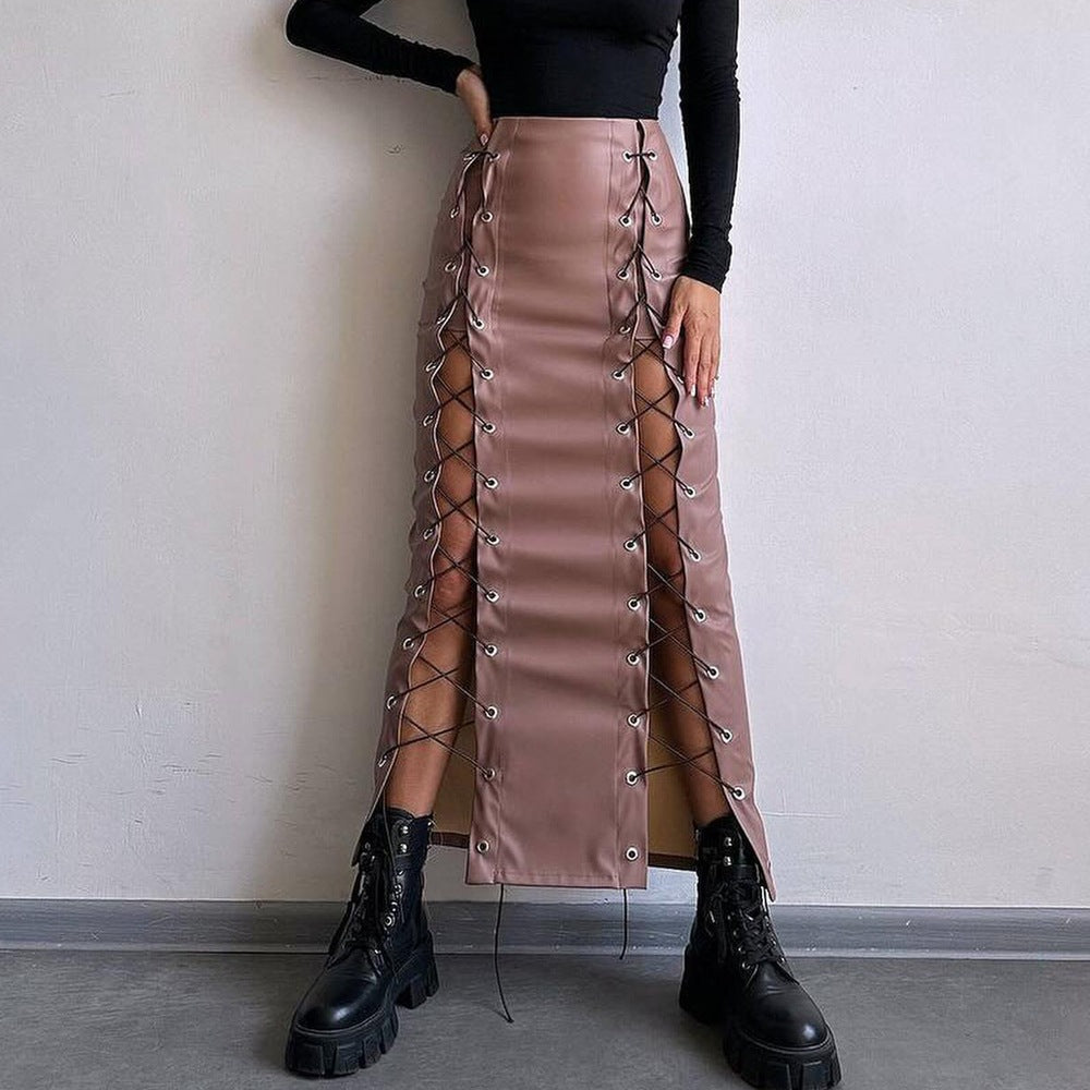 Women Clothing Spring Faux Leather Sexy Solid Color Split Lace up Sheath Slimming Skirt camel