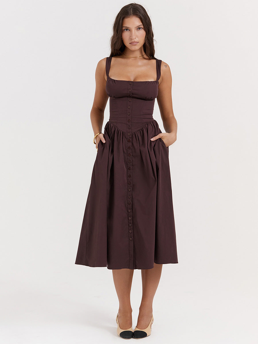 Women Clothing Dress Sexy Sling Midi Dress Vacation Slim Fit Backless Dress Women Brown