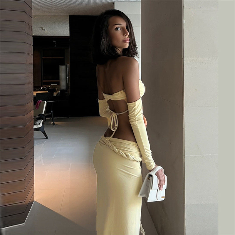 Women Clothes Summer Sexy Lace up Tube Top Solid Color Oversleeve High Slit Skirt Three Piece Set for Women