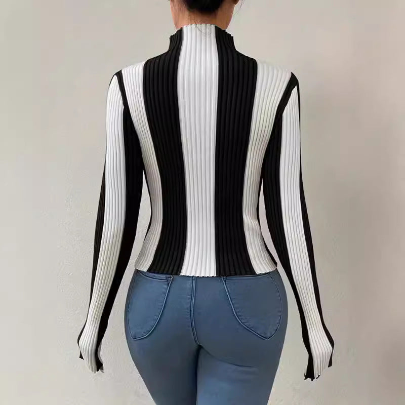 Women Spring Autumn Classic Black White Contrast Color Vertical Pattern Sweater Slim Fit Slim Bottoming Top