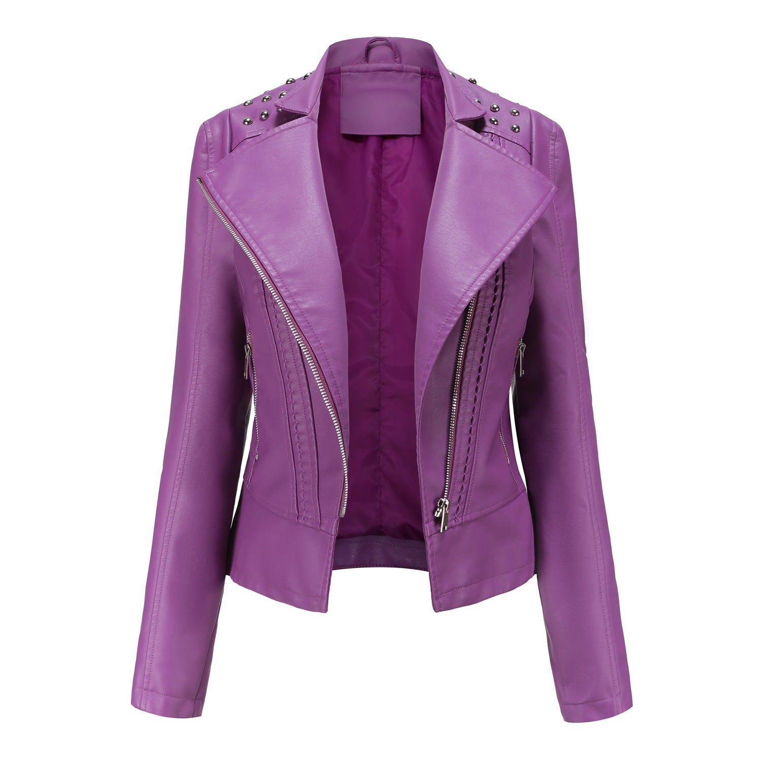 Women Rivet Leather Jacket Women Jacket Collared Motorcycle Clothing Thin Spring Autumn Women Jacket violet