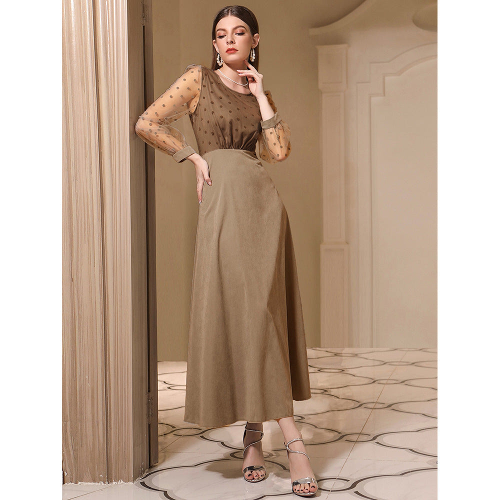 Women Clothing Autumn round Neck Long Sleeve High Waist Slim Dress Brown