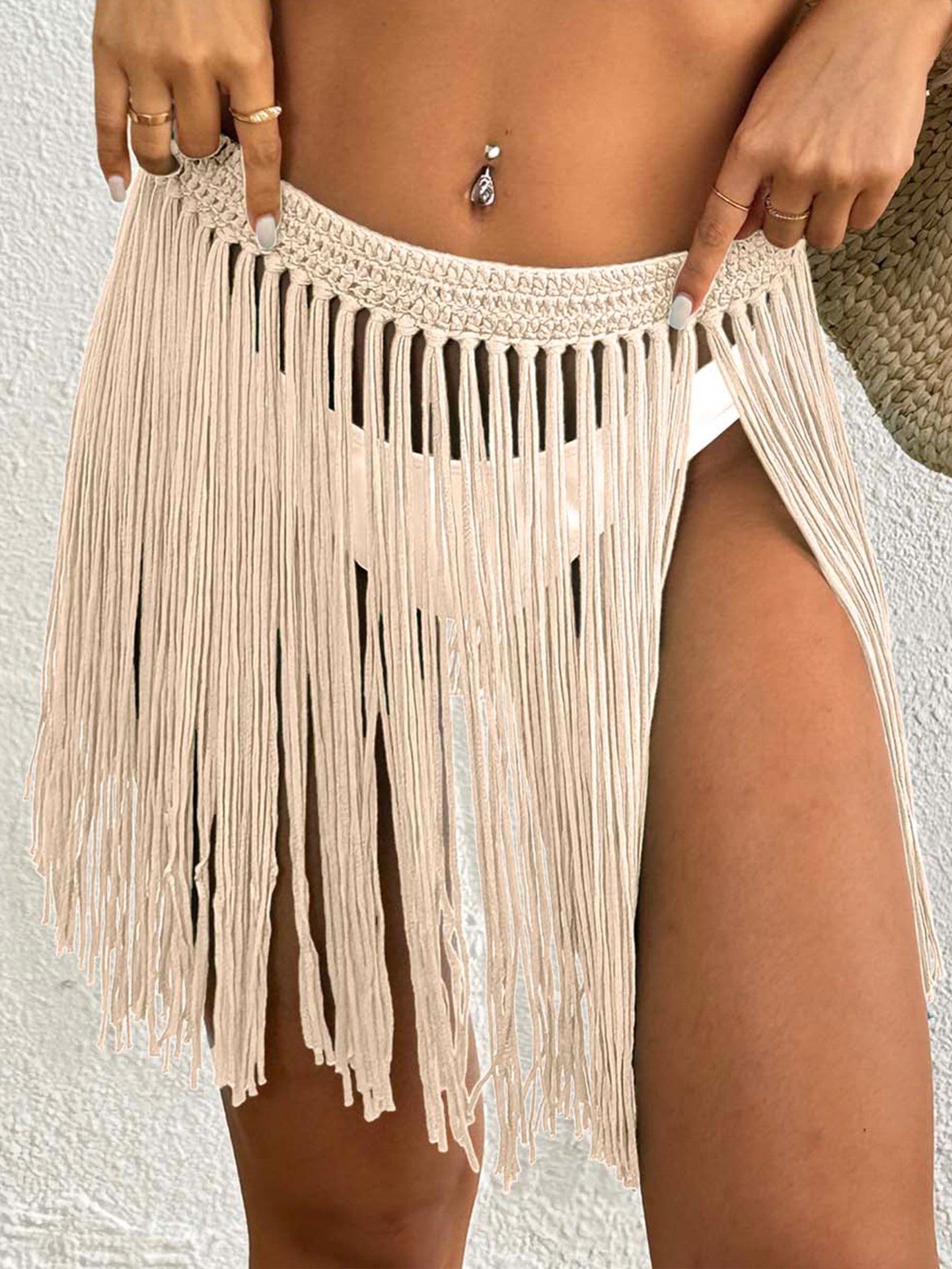 Women Lace up Skirt Women Clothing Beach Beach Cover Up Pure Hand Crocheting Tassel Skirt Overskirt One Size Apricot