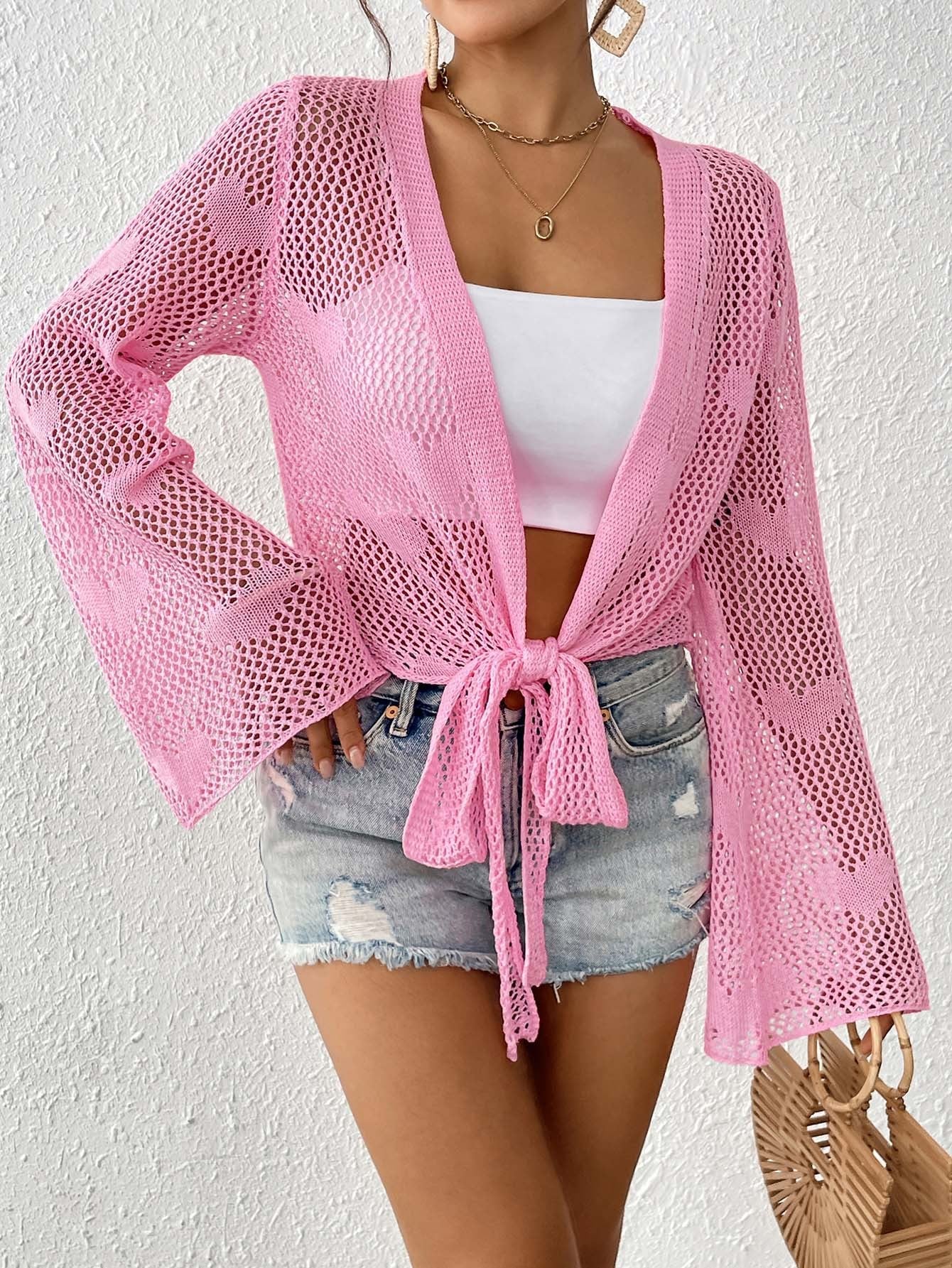 Women Cardigan Clothing Spring Summer Lace up Bow Bell Sleeve Mechanism Shirt Beach Cover Up One Size Pink