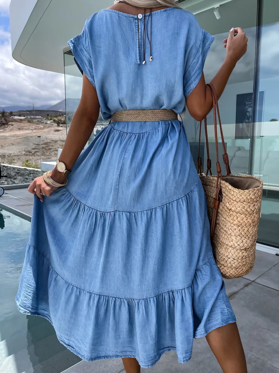 Women Clothing Casual Solid Color Simple Round Neck Short Sleeve Midi Dress Women Without Belt