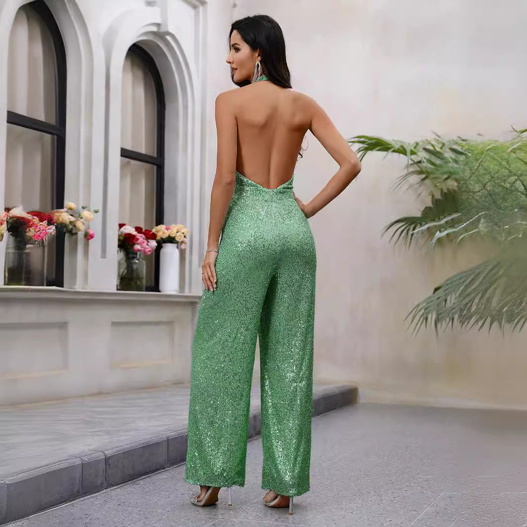 Summer Sexy Elegant Women Clothing V neck Halter Backless Jumpsuit Sequined Trousers