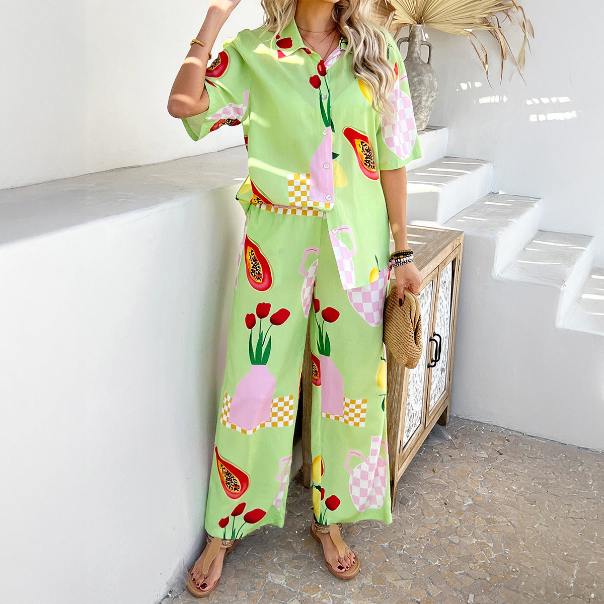 Spring Summer Casual Vacation Printing Color Contrast Wide Leg Trousers Set Women Green Background Fruit Flower