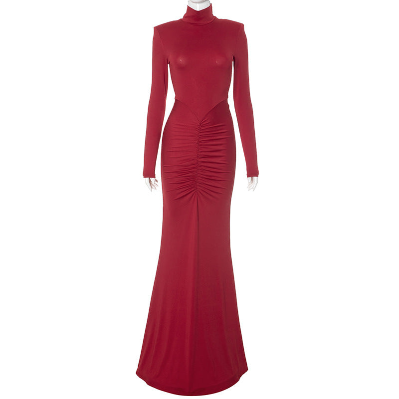 Women Clothing Turtleneck Long Sleeve with Padded Shoulder Pleated Hip Mop Fishtail Dress Red