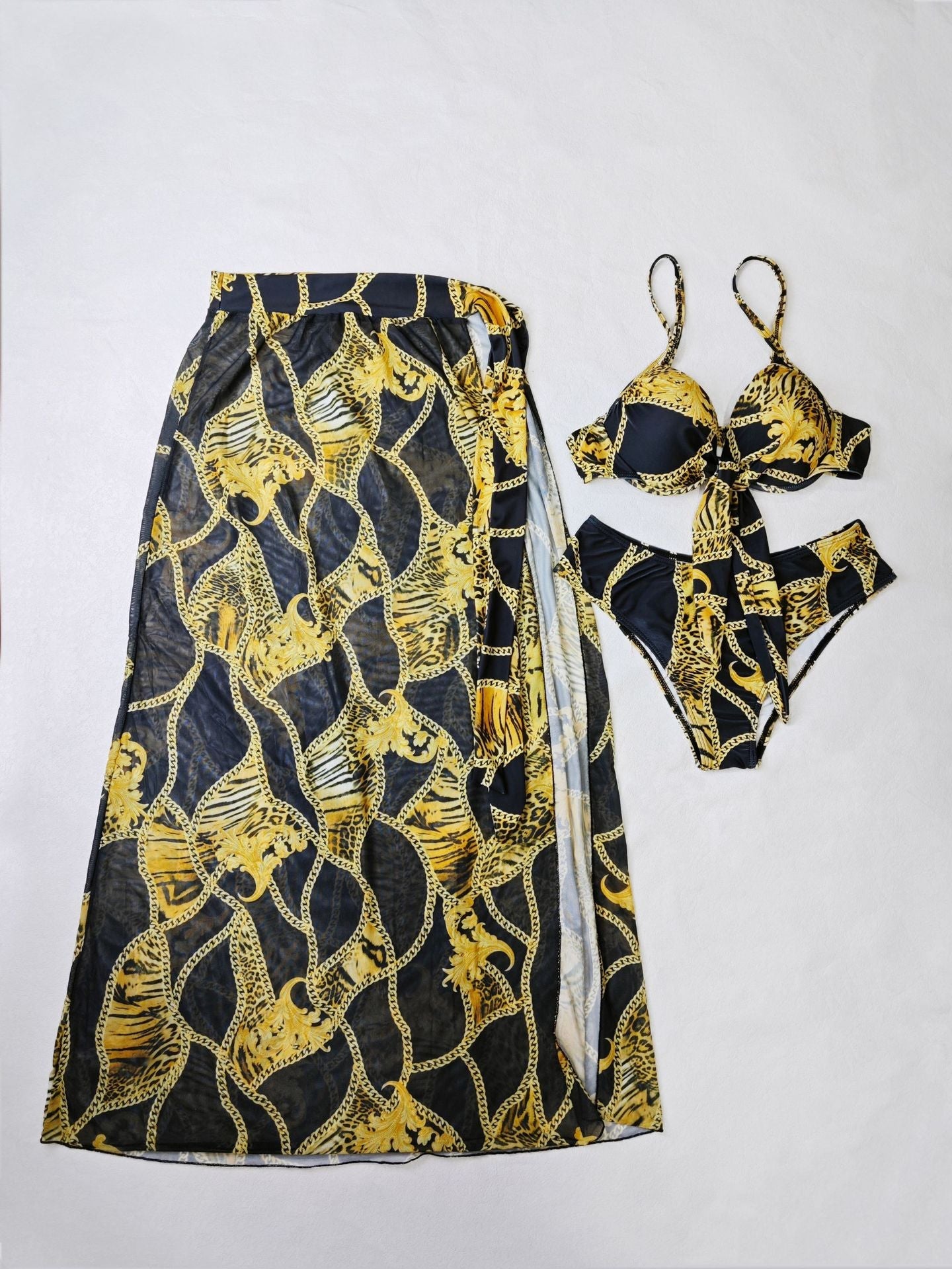 Women Swimwear Color Printed Three Piece Set Bikini Black