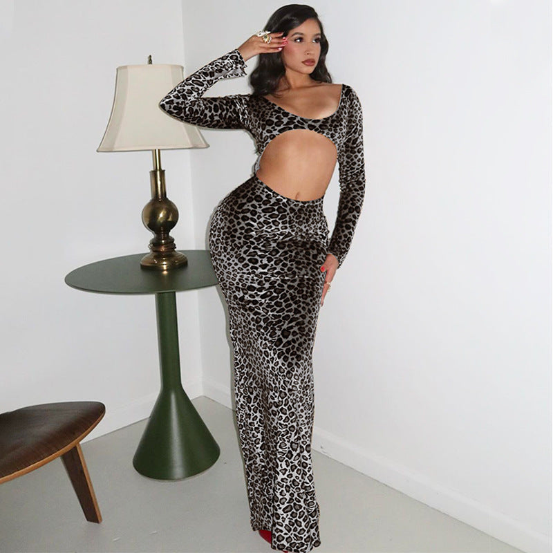 Winter Suede Leopard Print Dress Sexy Cutout Slim Fit Dress Women