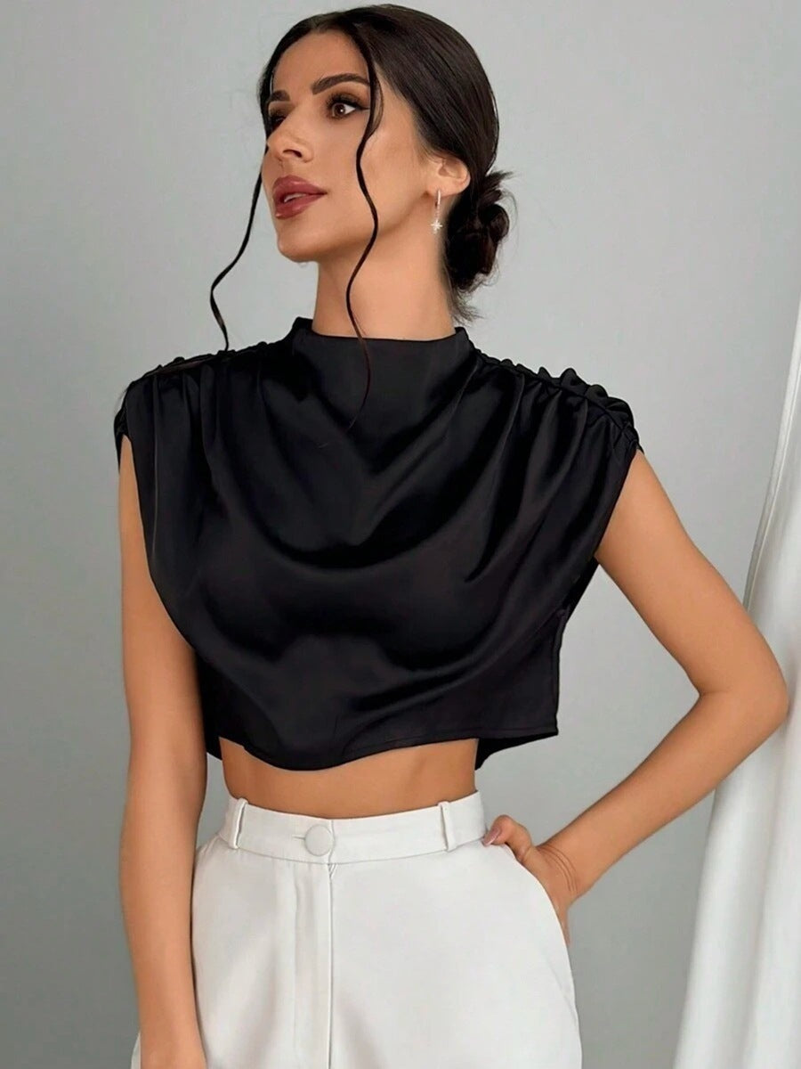 Women Clothing Pleated Batwing Sleeve Satin Shirt Stand Alone Satin Artificial Silk Short Top Black