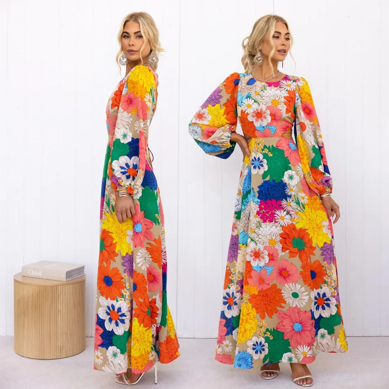 Years Autumn Winter Print round Neck Lantern Sleeve Long Waist Dress-