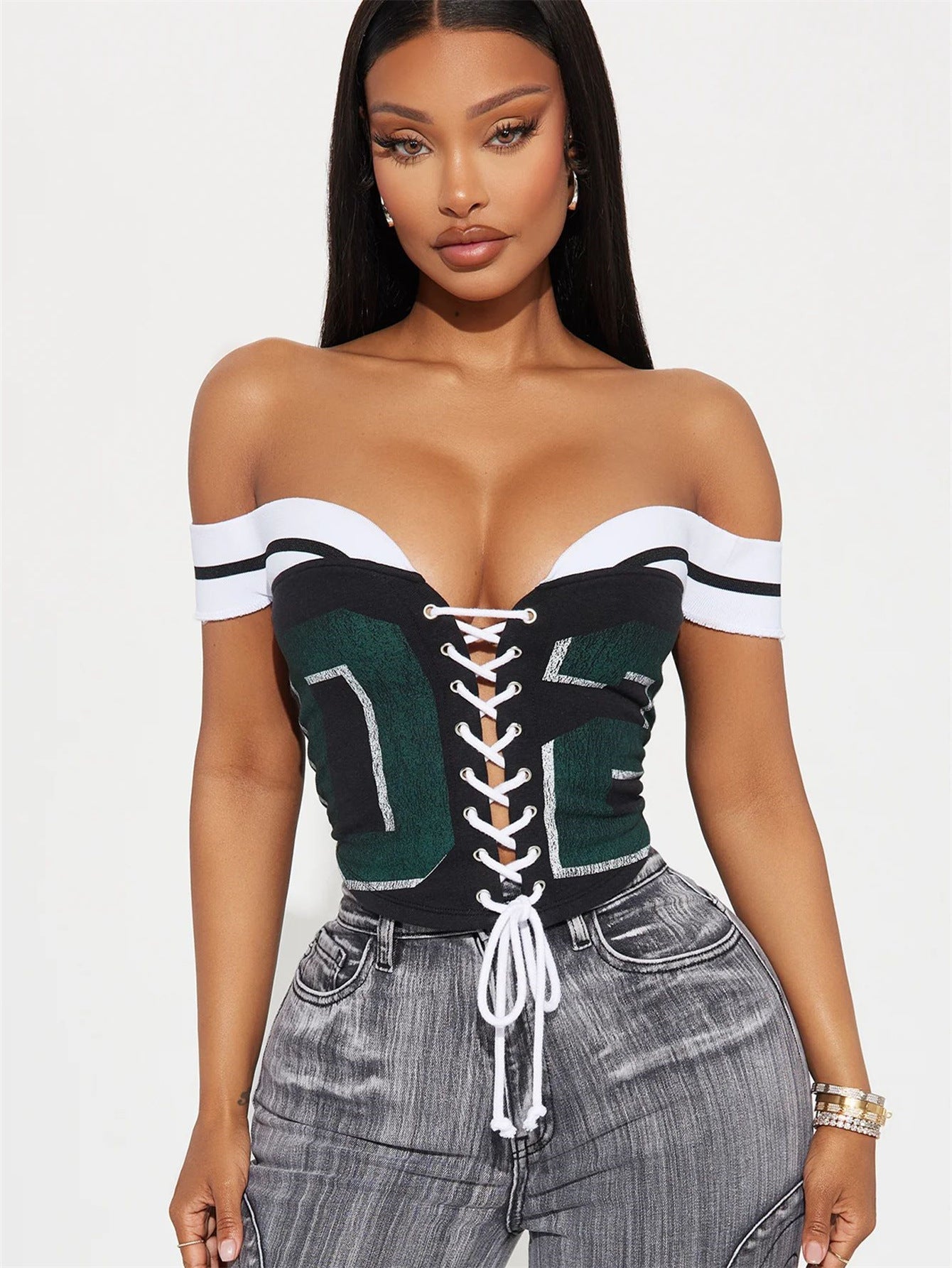 Summer Sexy Slim Fit Sexy Print Lace up Vest Top Short Cropped Green