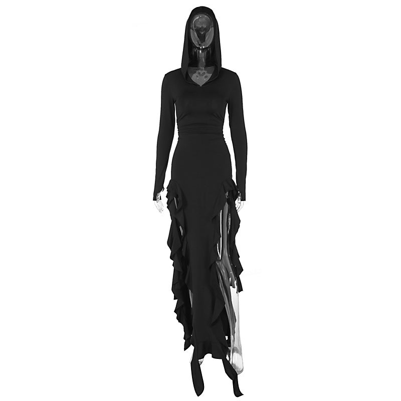 Summer Popular Trend Ruffled Stitching Long Sleeve Hooded Irregular Asymmetric Dress Black